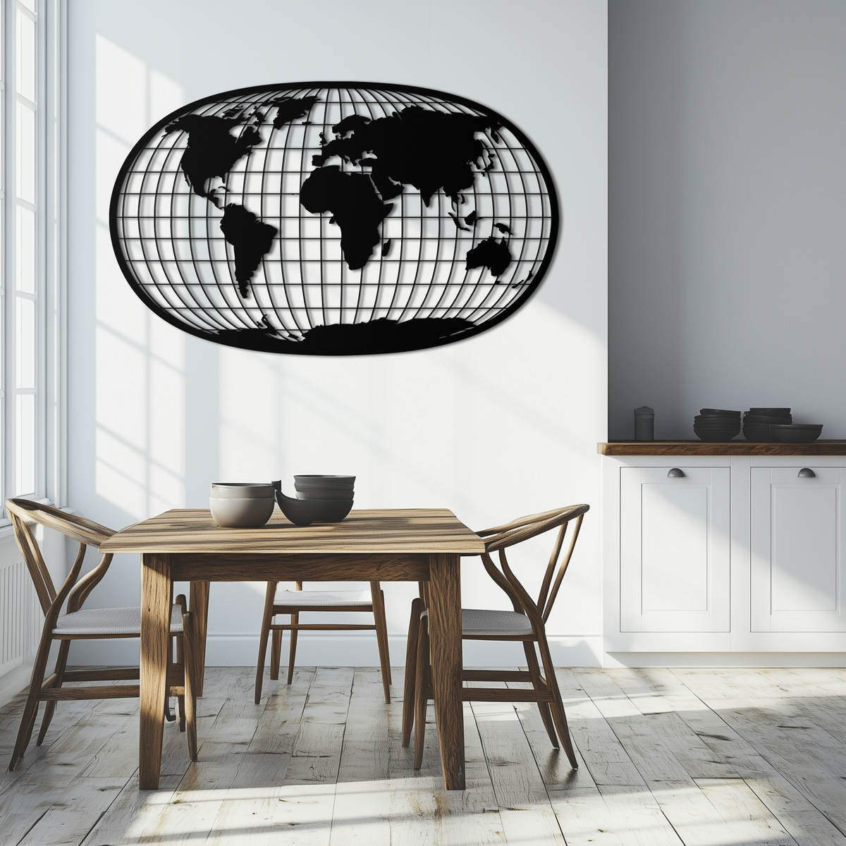 Black Steel World Map Wall Art - Futuristic Globe Grid Design