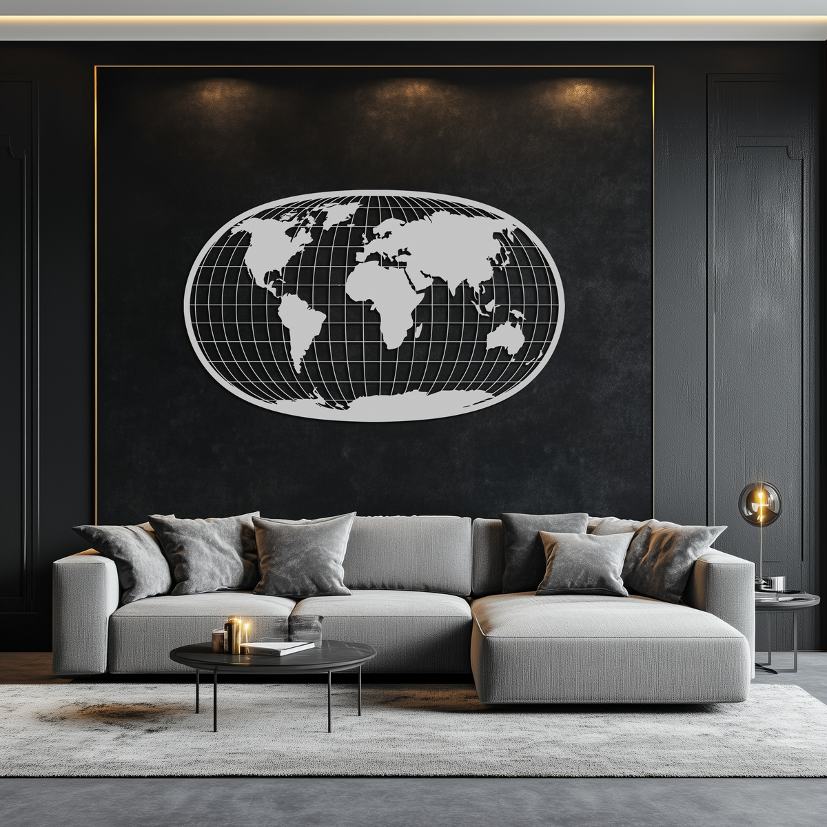 Black Steel World Map Wall Art - Futuristic Globe Grid Design
