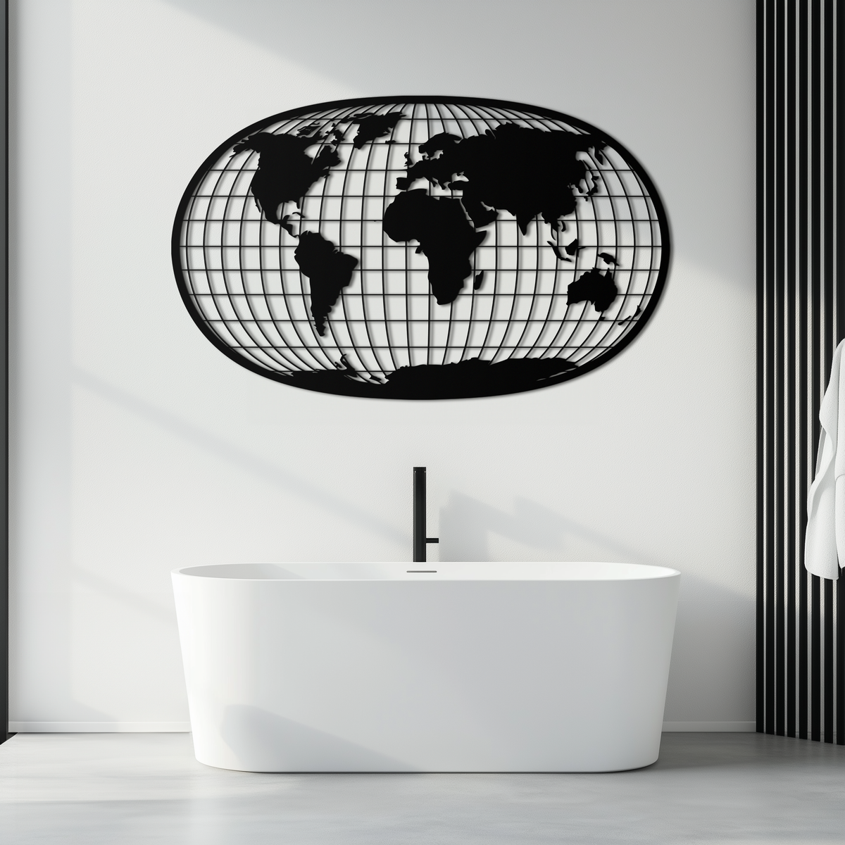 Black Steel World Map Wall Art - Futuristic Globe Grid Design