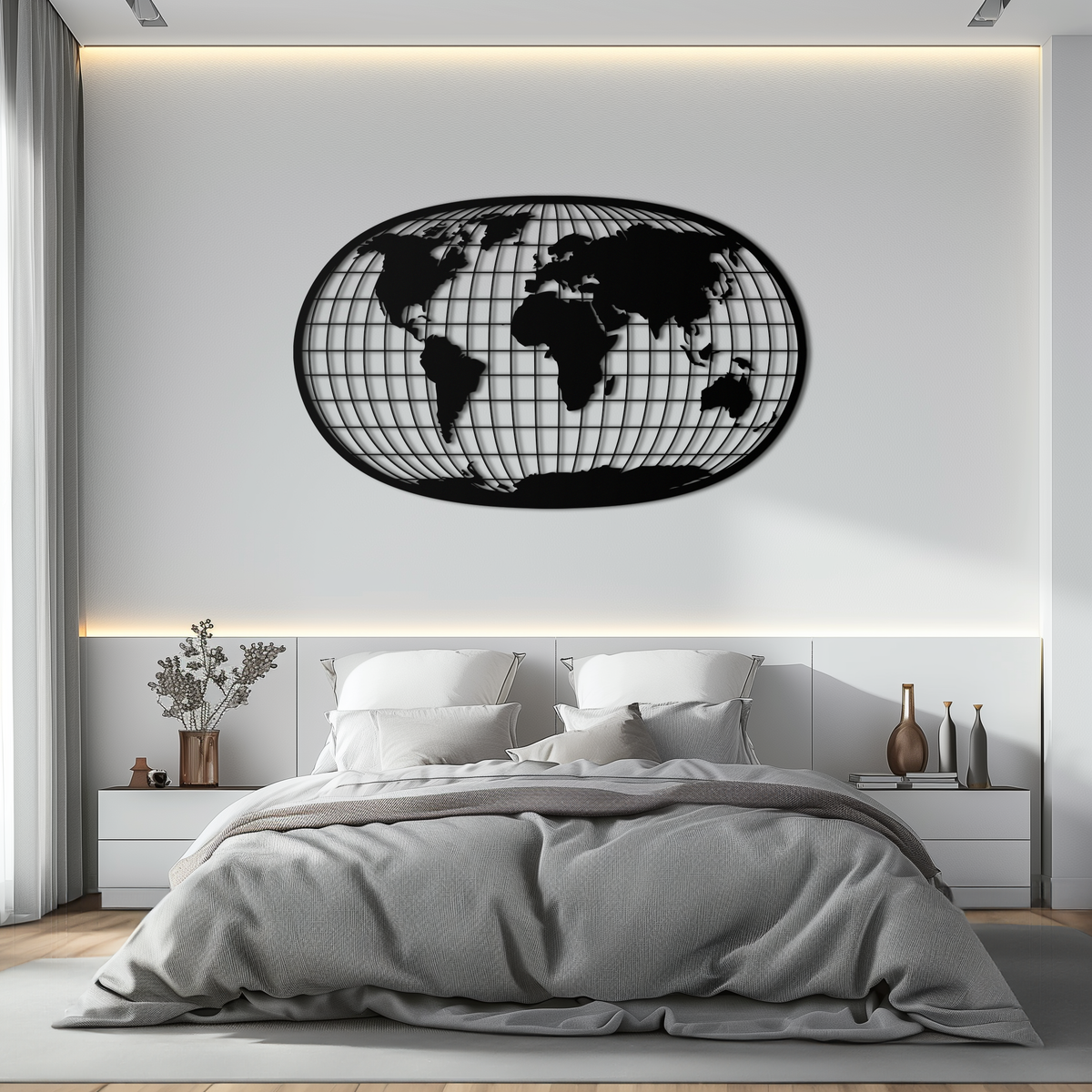 Black Steel World Map Wall Art - Futuristic Globe Grid Design