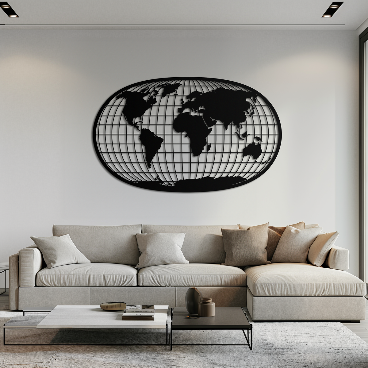 Black Steel World Map Wall Art - Futuristic Globe Grid Design
