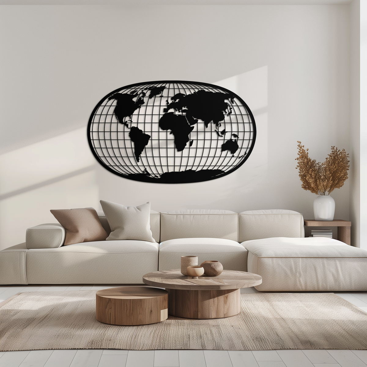 Black Steel World Map Wall Art - Futuristic Globe Grid Design