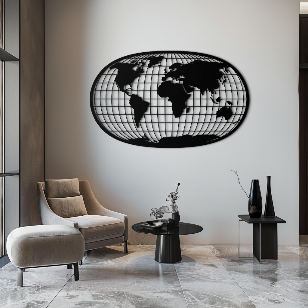 Black Steel World Map Wall Art - Futuristic Globe Grid Design