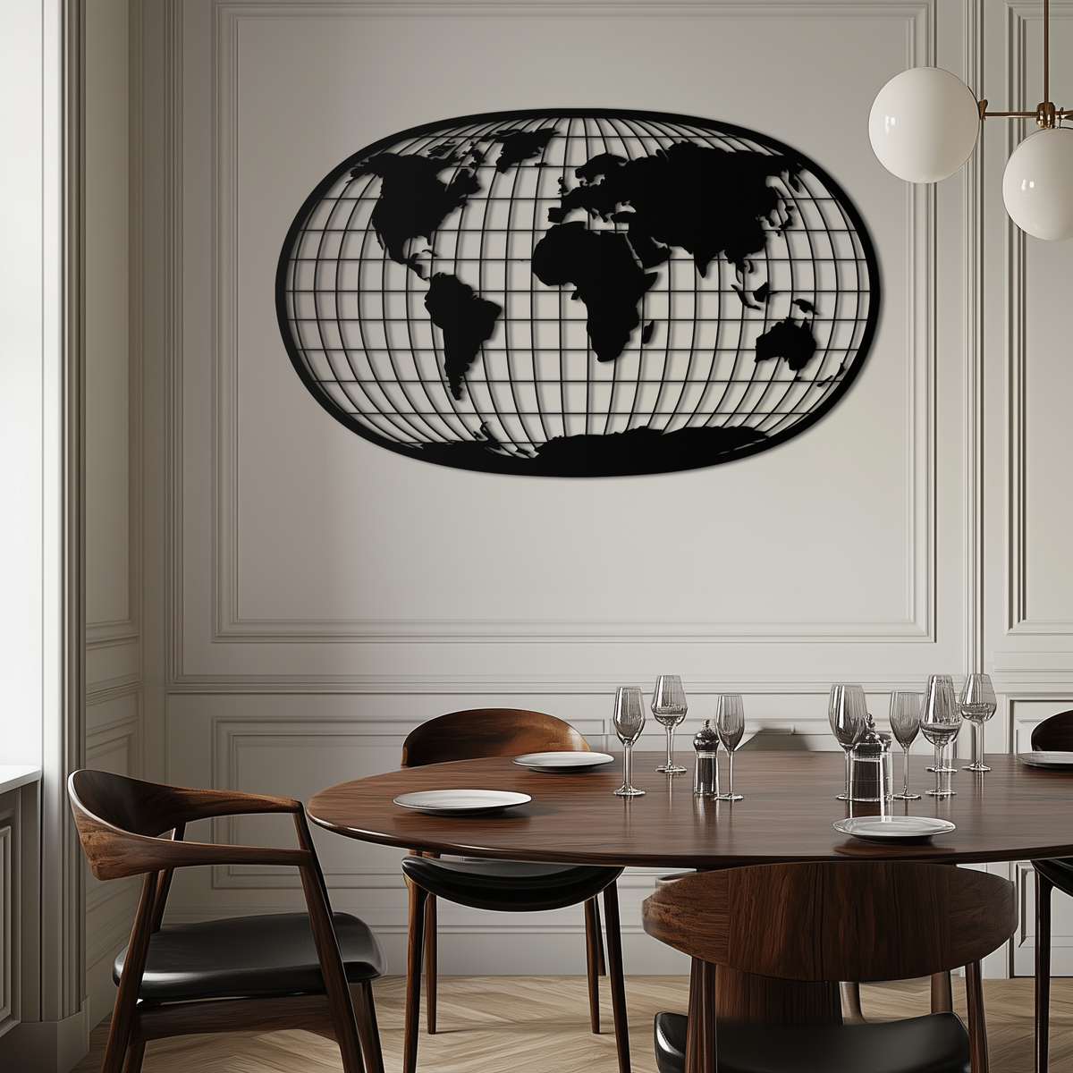 Black Steel World Map Wall Art - Futuristic Globe Grid Design