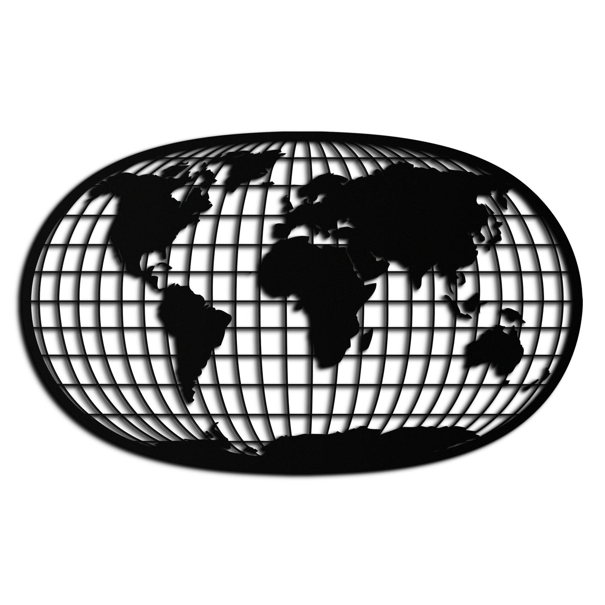 Black Steel World Map Wall Art - Futuristic Globe Grid Design
