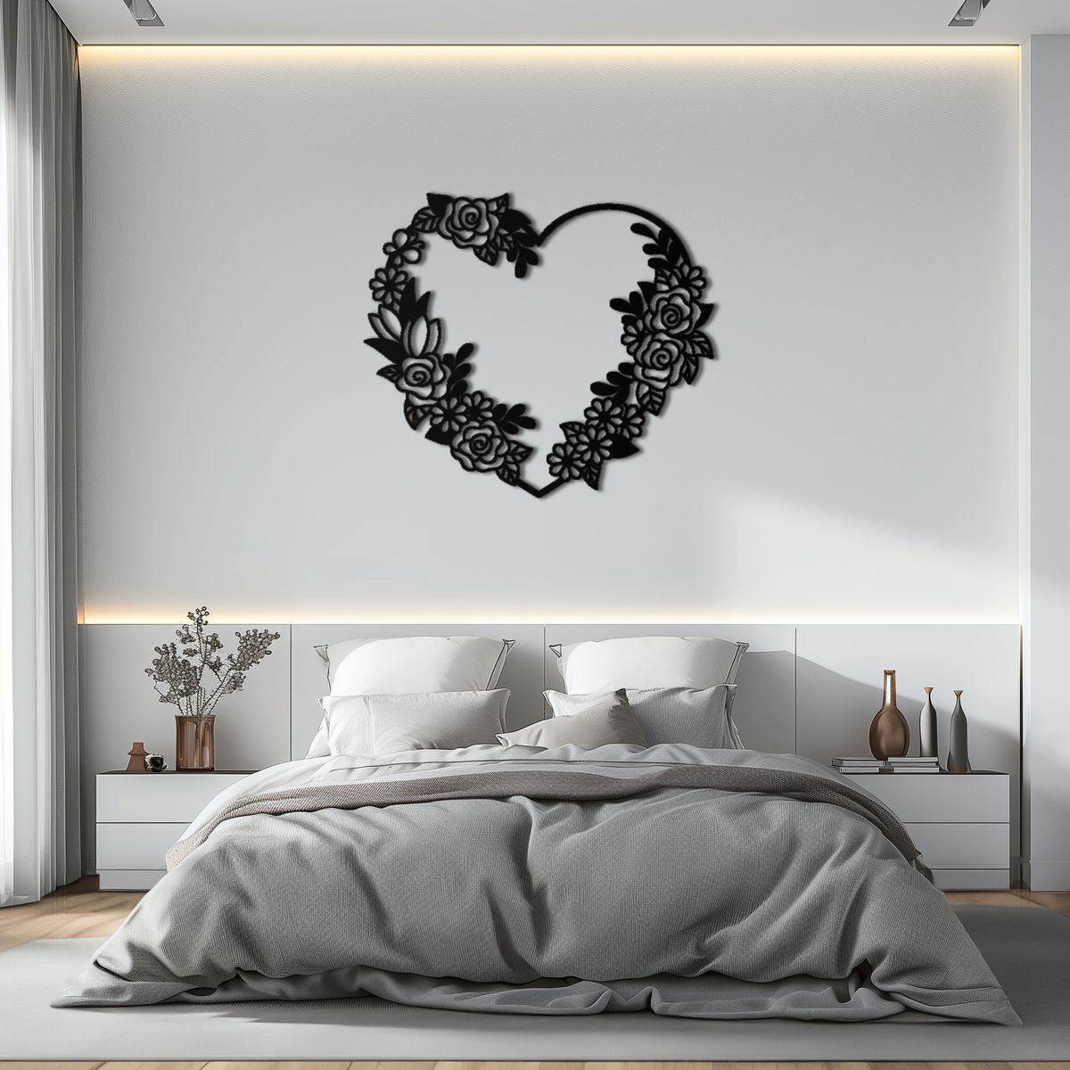 Handcrafted Steel Floral Heart Wall Art - Elegant Rose Wreath