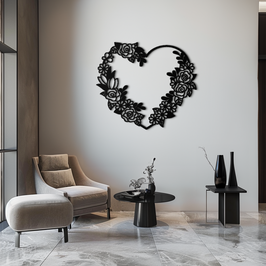Handcrafted Steel Floral Heart Wall Art - Elegant Rose Wreath