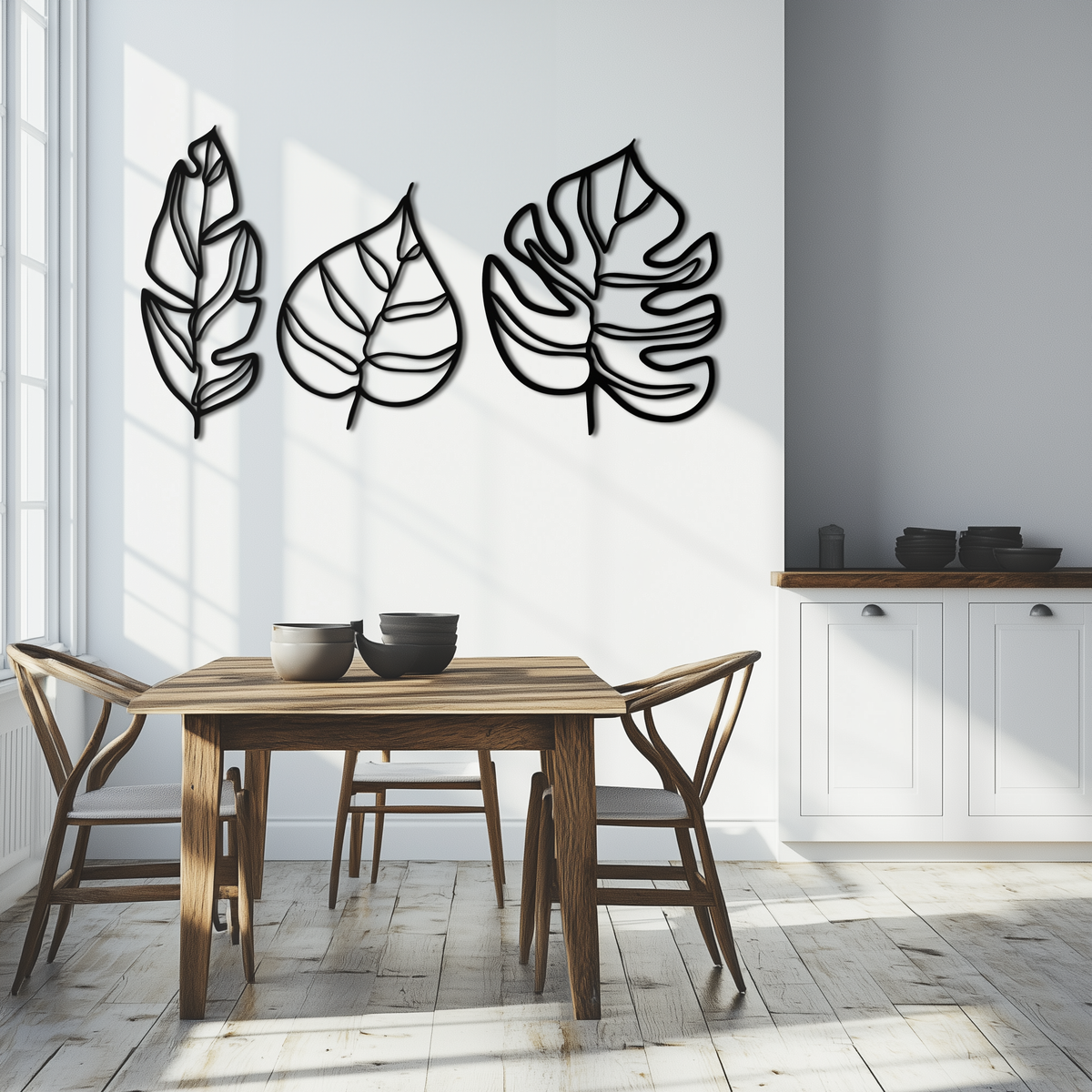 Metal Geometric Leaf Trio Wall Art - Modern Botanical Steel Three Piece Sculpture