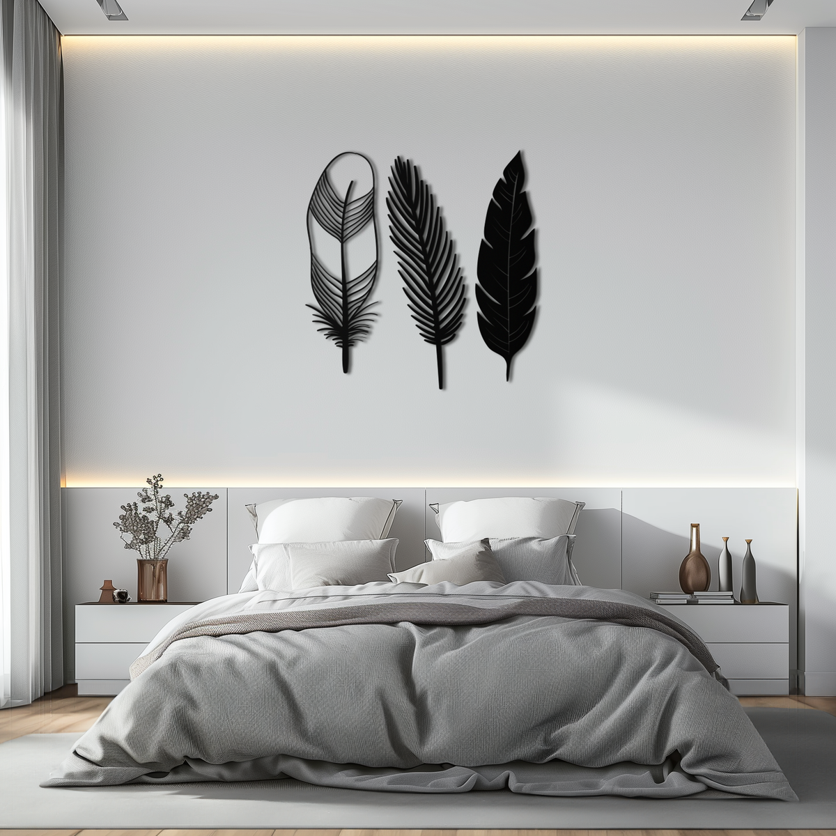 Steel Geometric Feather Wall Art - Contemporary Minimalist Boho