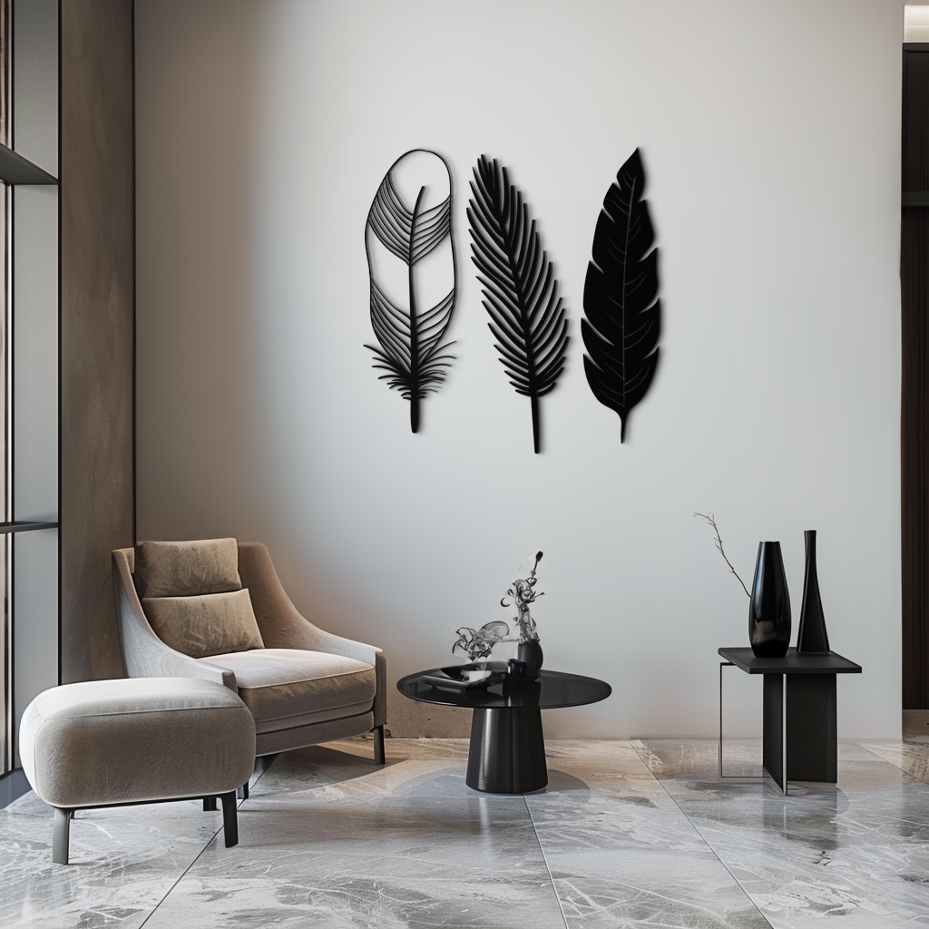 Steel Geometric Feather Wall Art - Contemporary Minimalist Boho
