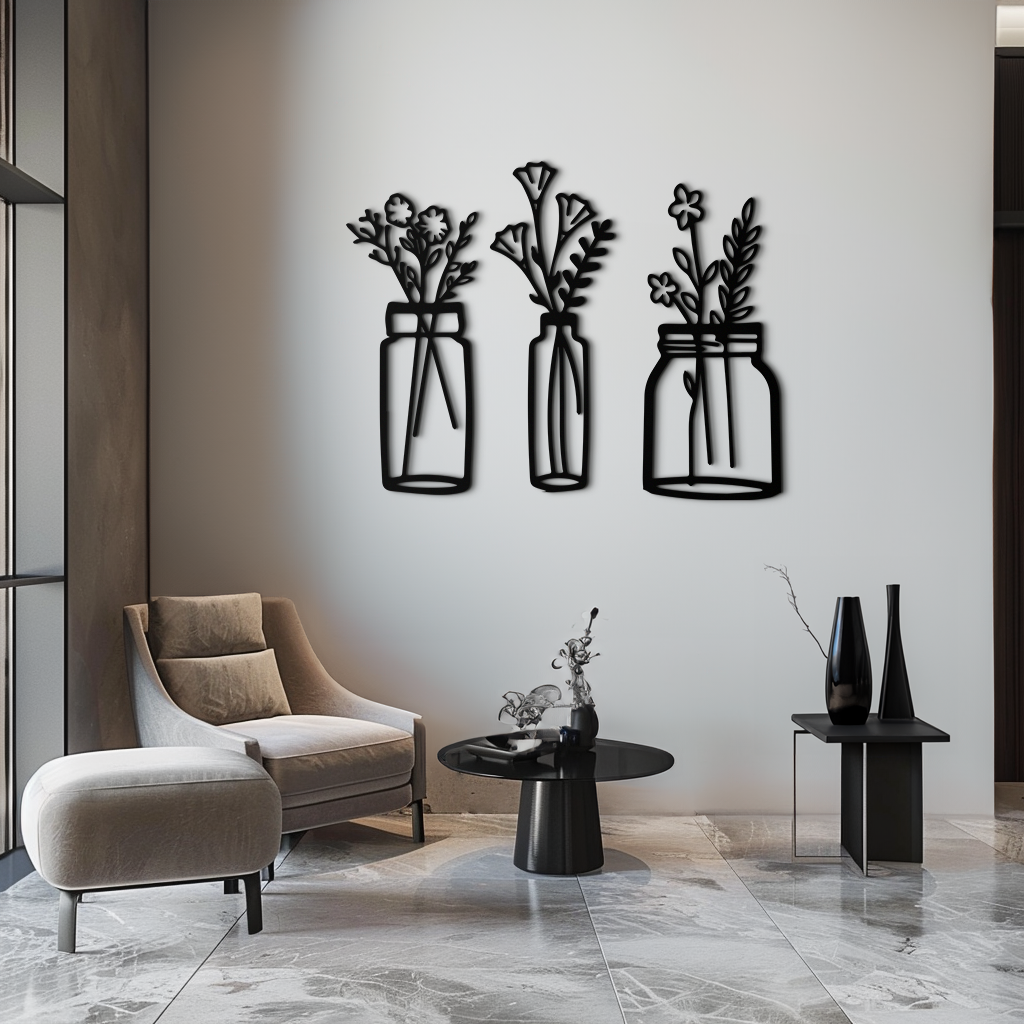 Metal Wall Art Vase 3-Piece Hand-Crafted Floral Modern Steel Home Decor