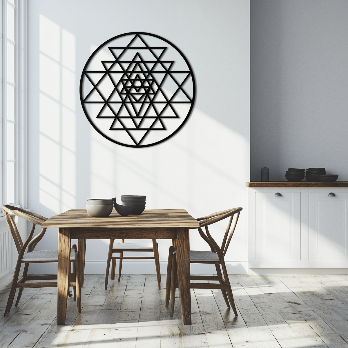 Geometric Sri Yantra Metal Wall Art - Polished Steel Mandala