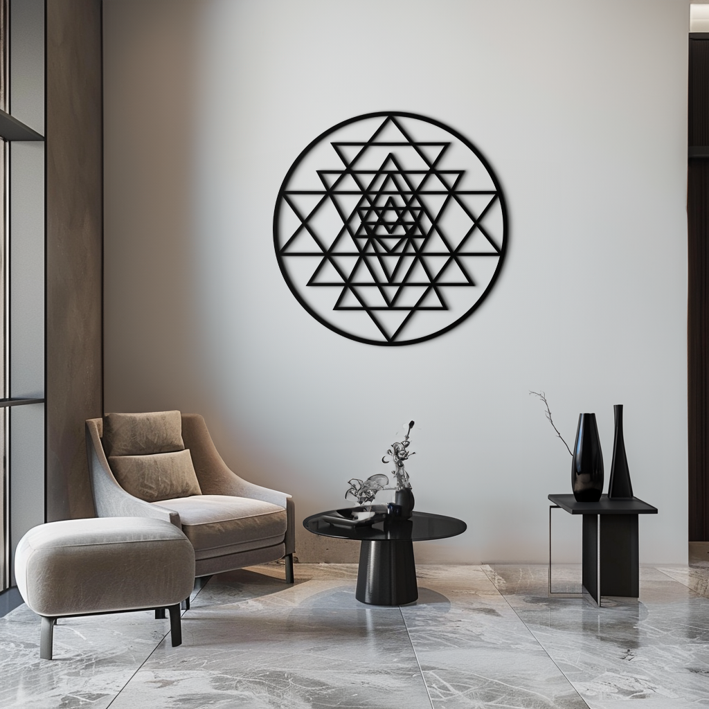 Geometric Sri Yantra Metal Wall Art - Polished Steel Mandala