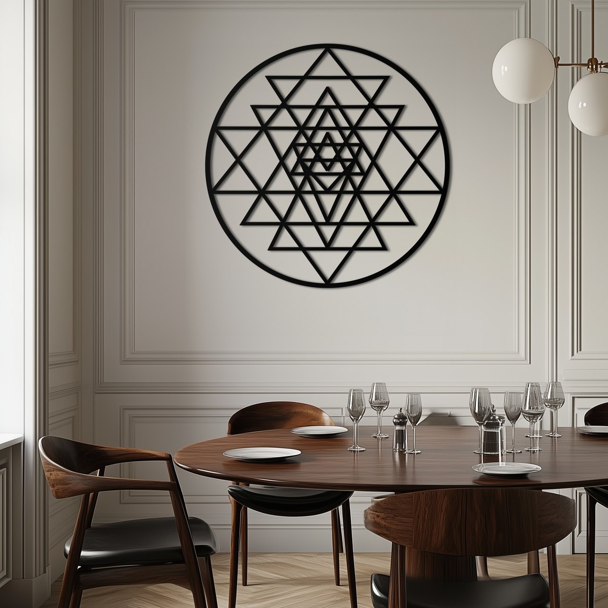 Geometric Sri Yantra Metal Wall Art - Polished Steel Mandala