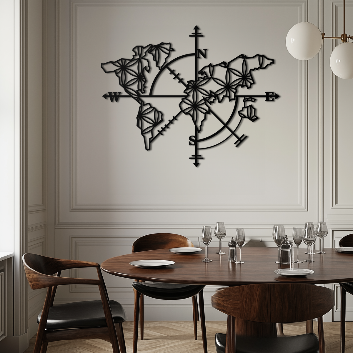 Metal Geometric World Map Wall Art - Modern Compass Inspired