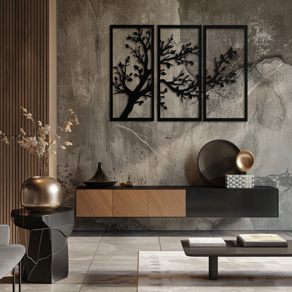 Metal Wall Art Modern Three Panel Branch Trio Steel Sculpture Minimalist Triptych Design