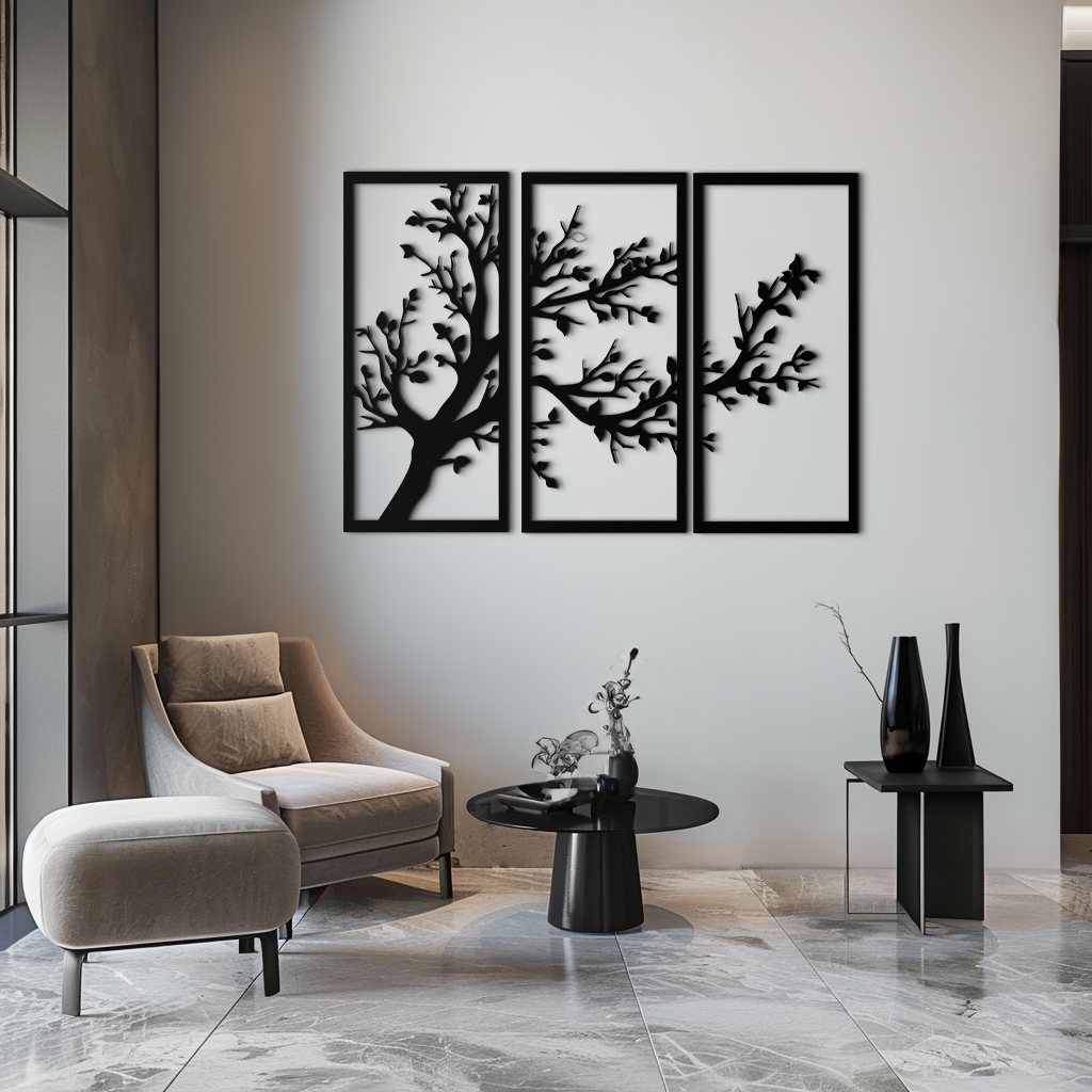 Metal Wall Art Modern Three Panel Branch Trio Steel Sculpture Minimalist Triptych Design