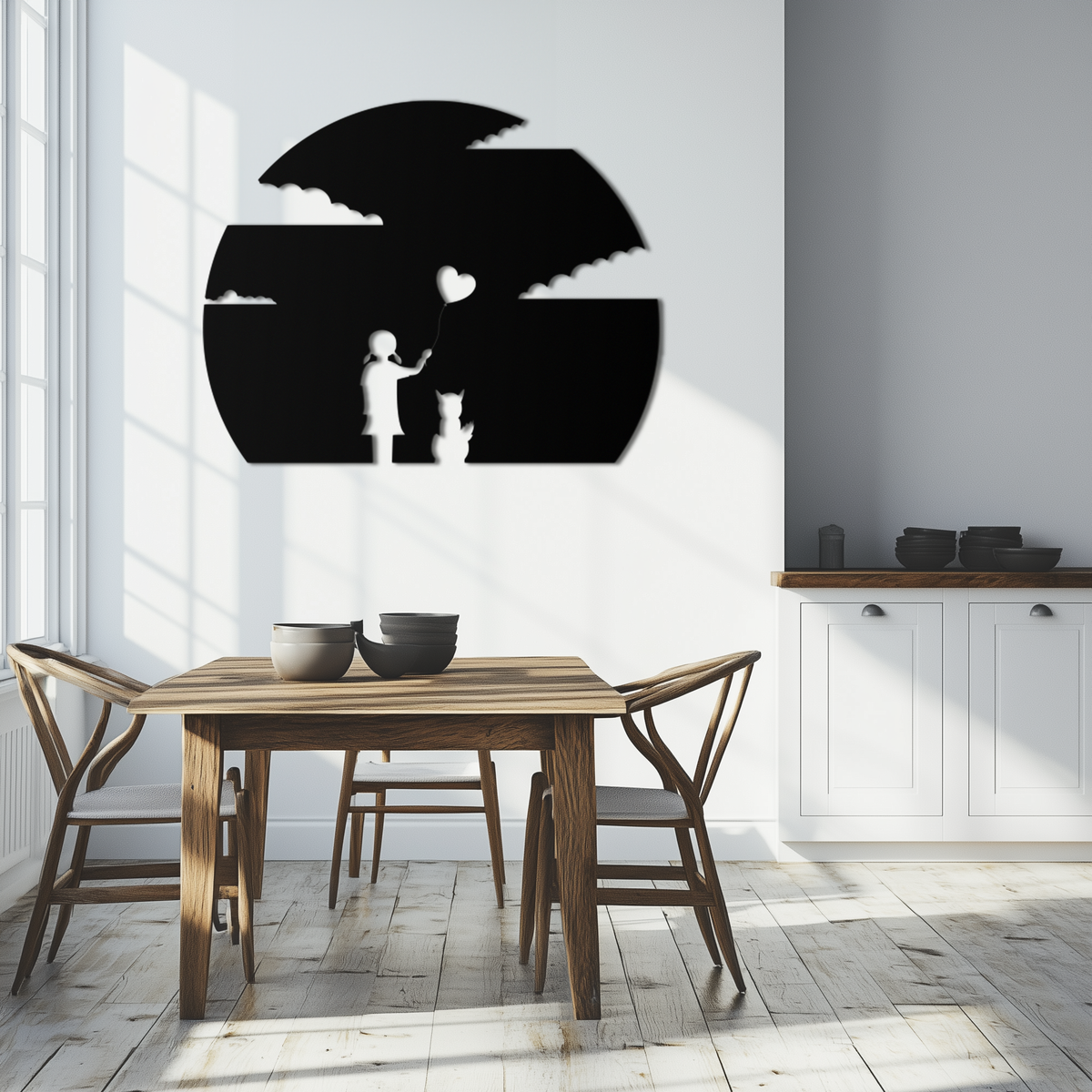 Metal Wall Art Heart Balloon Girl and Cat Whimsical Silhouette