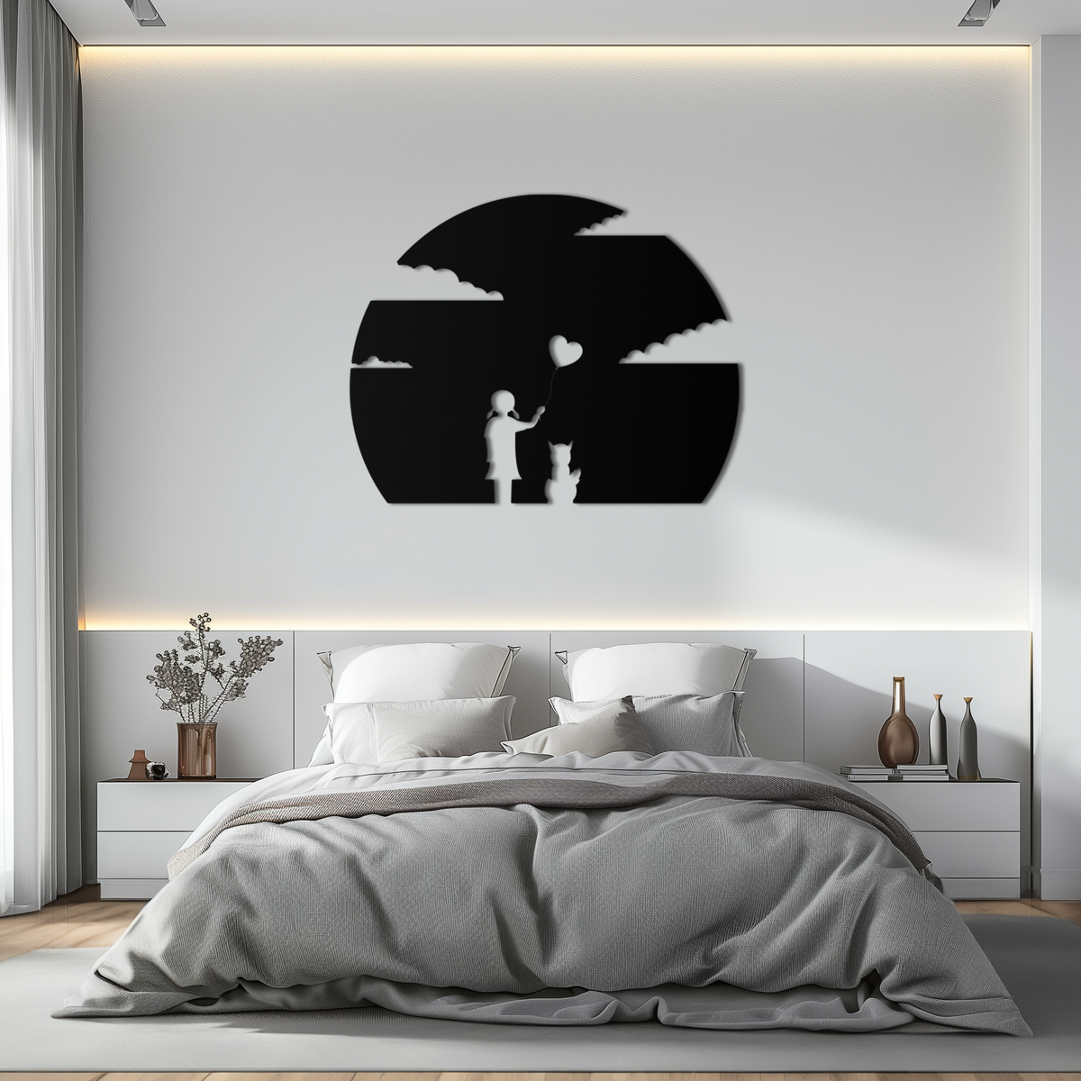 Metal Wall Art Heart Balloon Girl and Cat Whimsical Silhouette