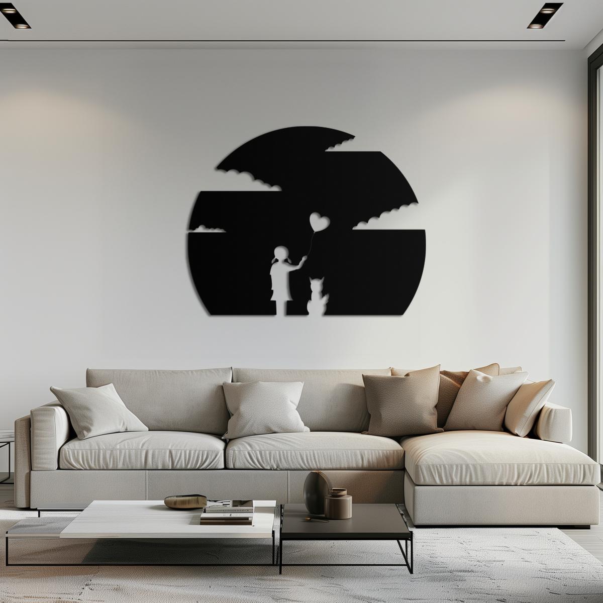 Metal Wall Art Heart Balloon Girl and Cat Whimsical Silhouette