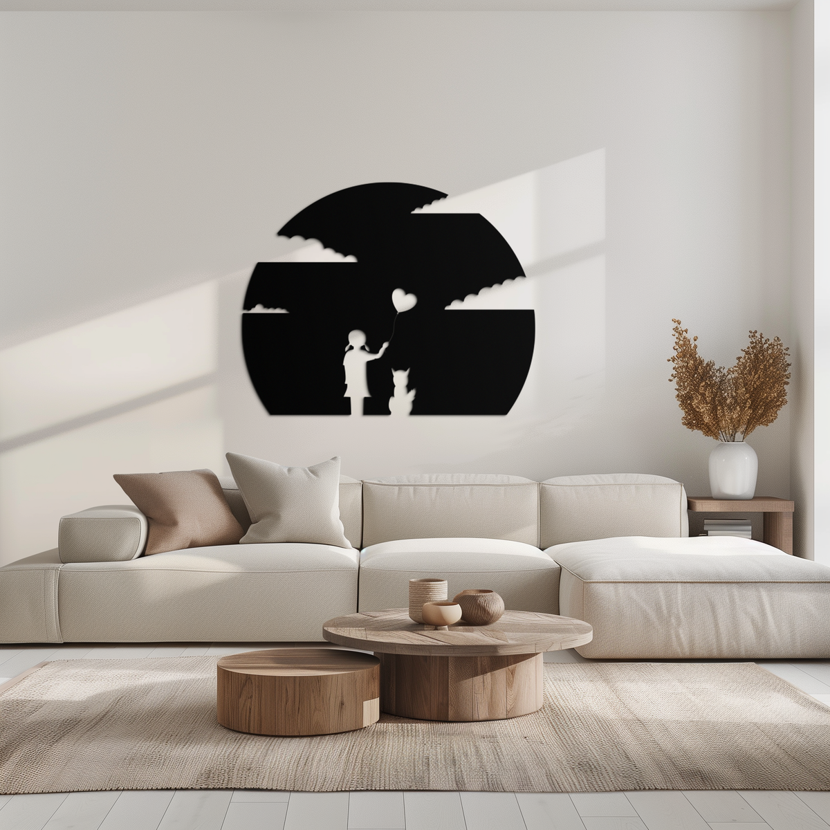 Metal Wall Art Heart Balloon Girl and Cat Whimsical Silhouette