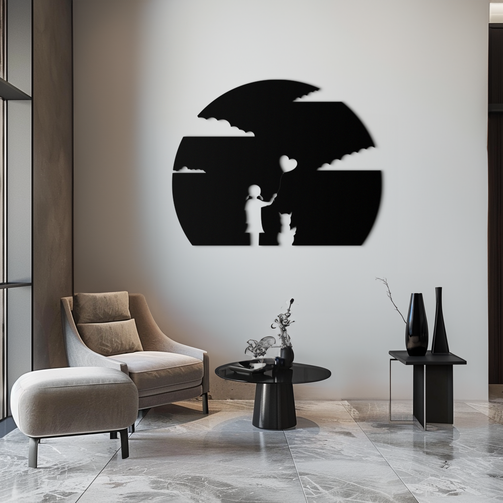 Metal Wall Art Heart Balloon Girl and Cat Whimsical Silhouette