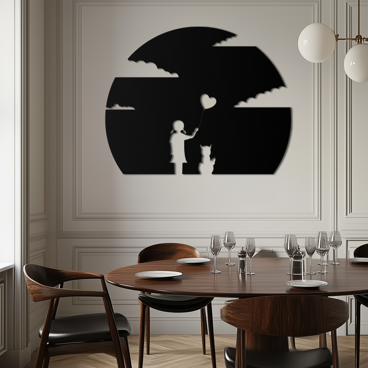 Metal Wall Art Heart Balloon Girl and Cat Whimsical Silhouette