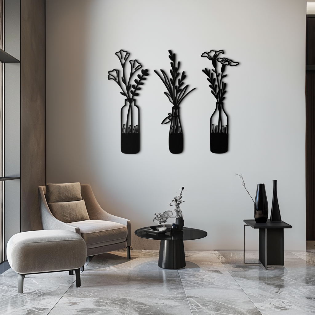 Rustic Floral Metal Wall Art Decorative Bottle Vase Sculpture