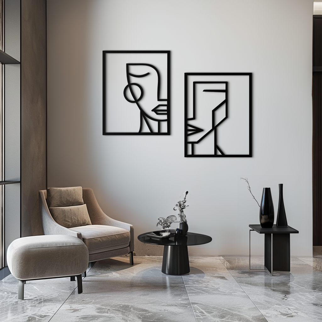 Metal Wall Art Abstract Face Profiles - Modern Minimalist Geometric Contemporary