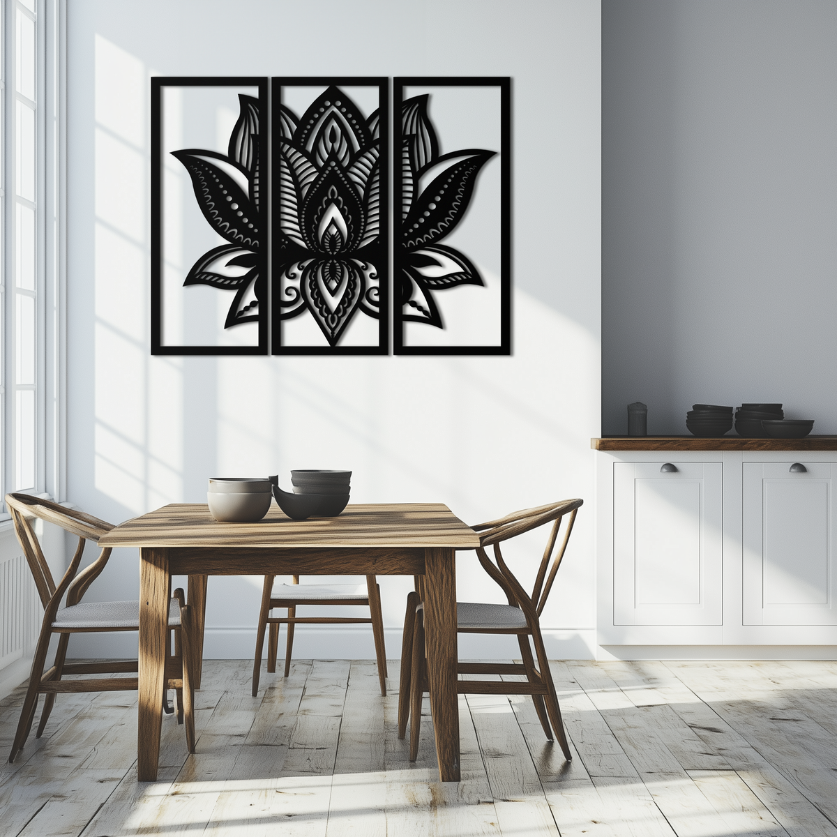 Mandala Lotus Metal Wall Art 3 Piece Triptych - Elegant Design