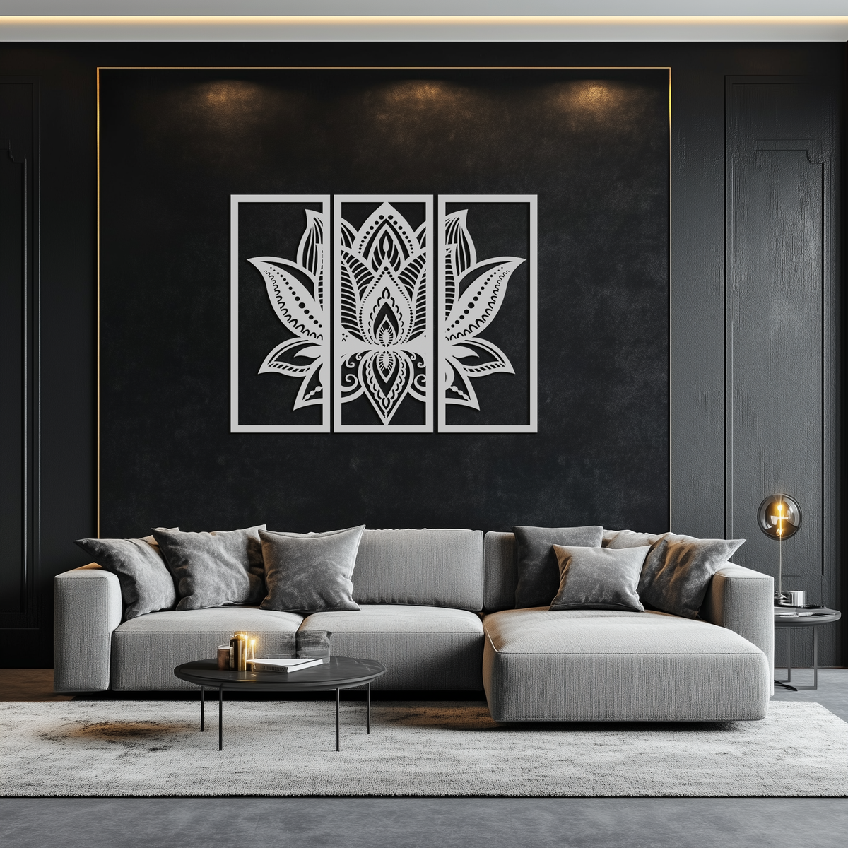 Mandala Lotus Metal Wall Art 3 Piece Triptych - Elegant Design