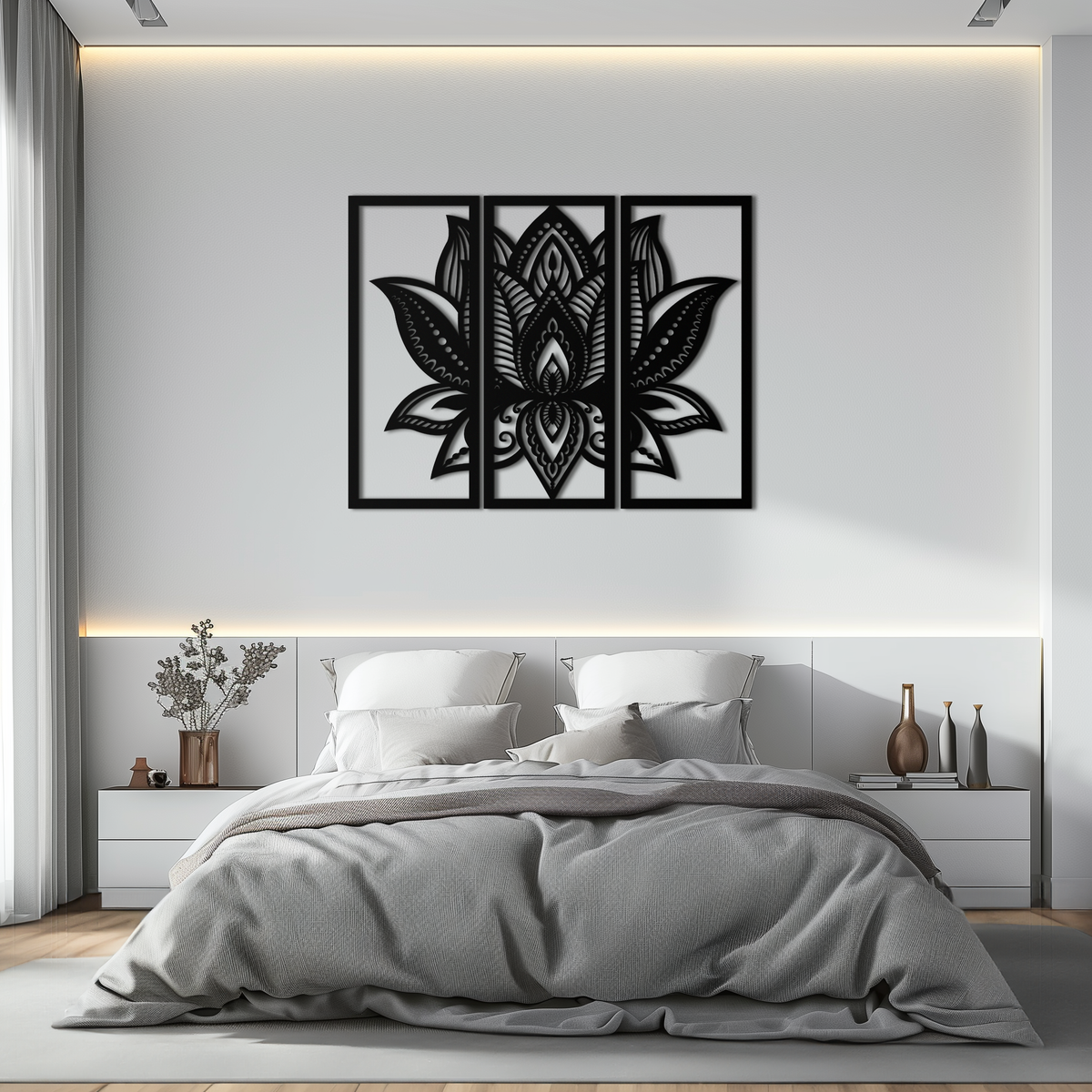 Mandala Lotus Metal Wall Art 3 Piece Triptych - Elegant Design