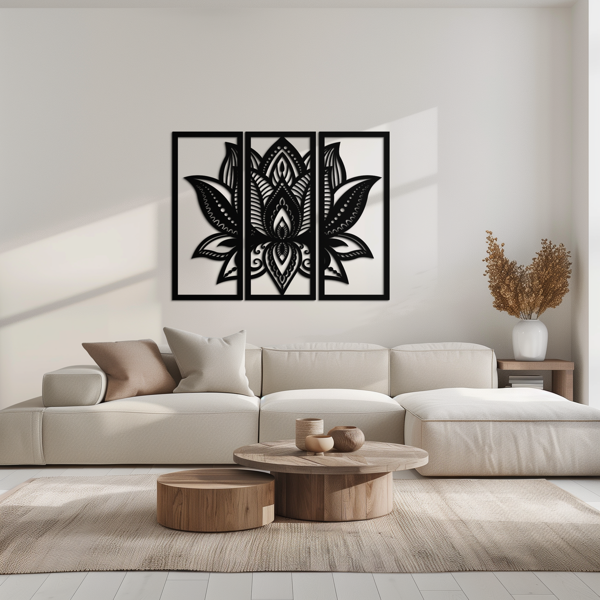 Mandala Lotus Metal Wall Art 3 Piece Triptych - Elegant Design