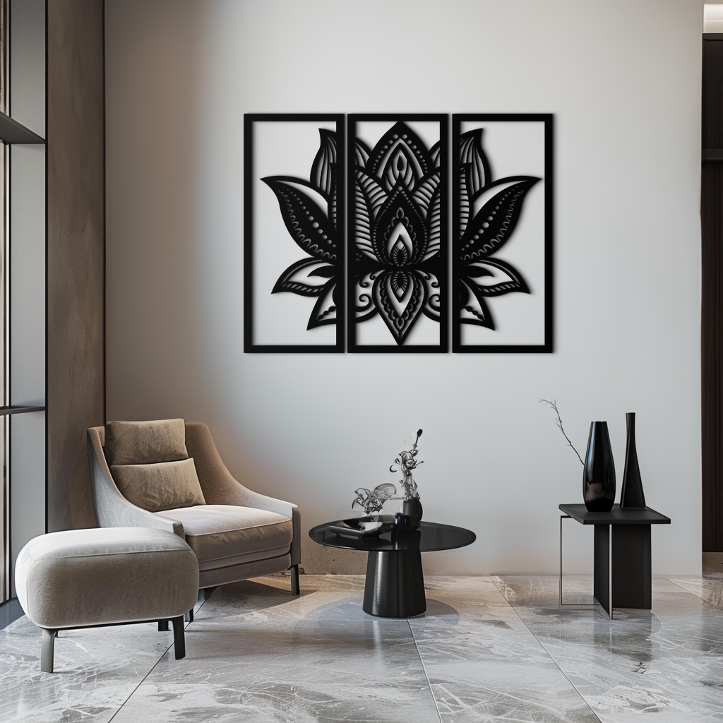 Mandala Lotus Metal Wall Art 3 Piece Triptych - Elegant Design