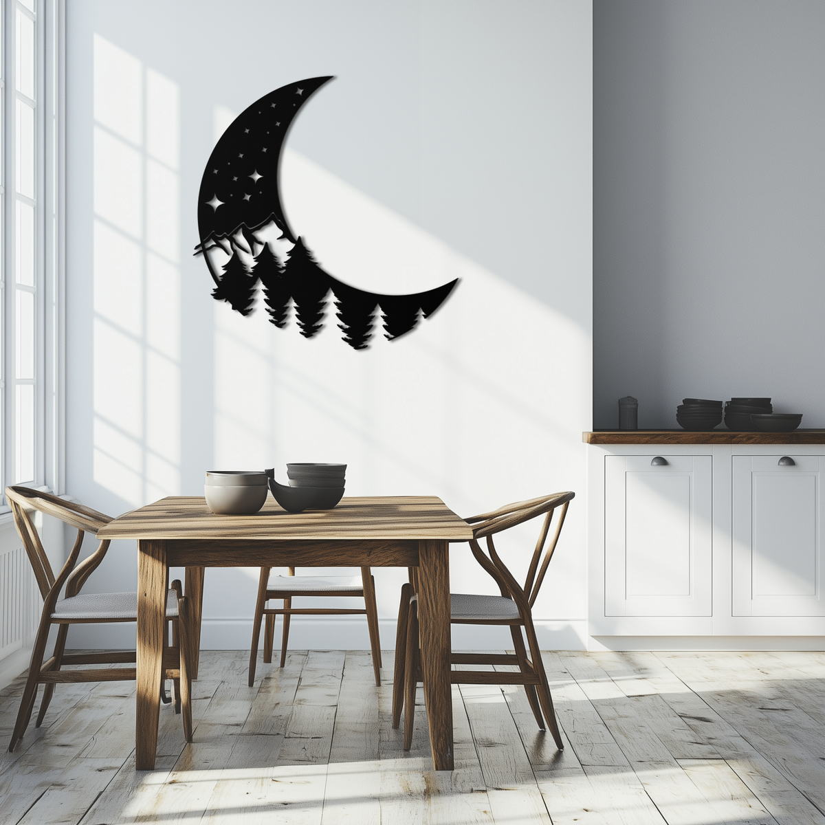 Metal Wall Art Crescent Moon Pine Forest Stars - Celestial Nature Inspired Decor