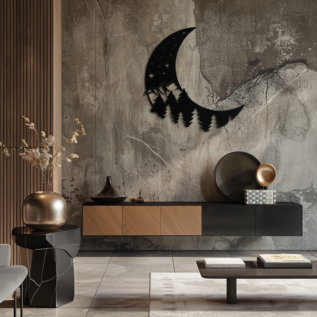 Metal Wall Art Crescent Moon Pine Forest Stars - Celestial Nature Inspired Decor