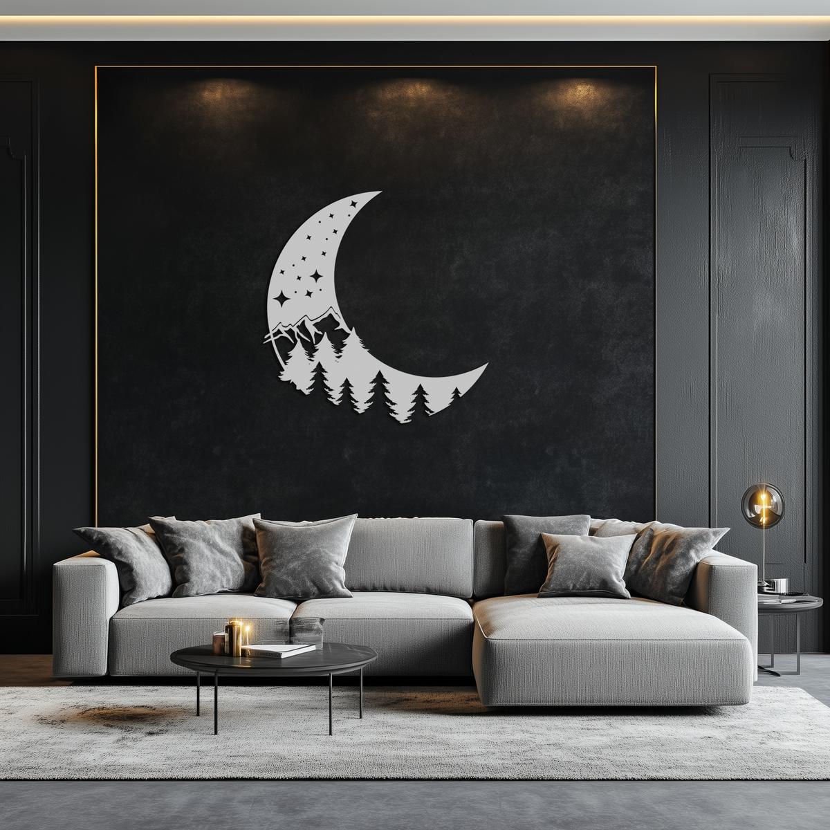 Metal Wall Art Crescent Moon Pine Forest Stars - Celestial Nature Inspired Decor