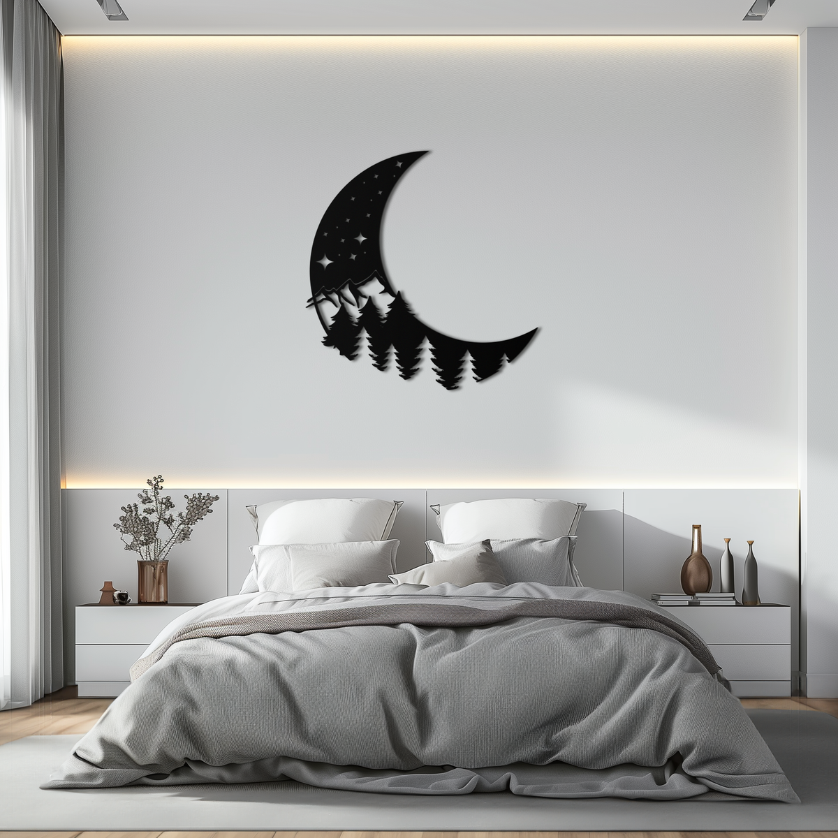 Metal Wall Art Crescent Moon Pine Forest Stars - Celestial Nature Inspired Decor