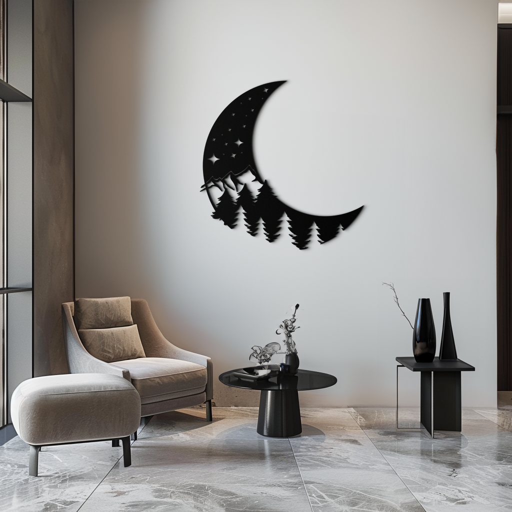 Metal Wall Art Crescent Moon Pine Forest Stars - Celestial Nature Inspired Decor