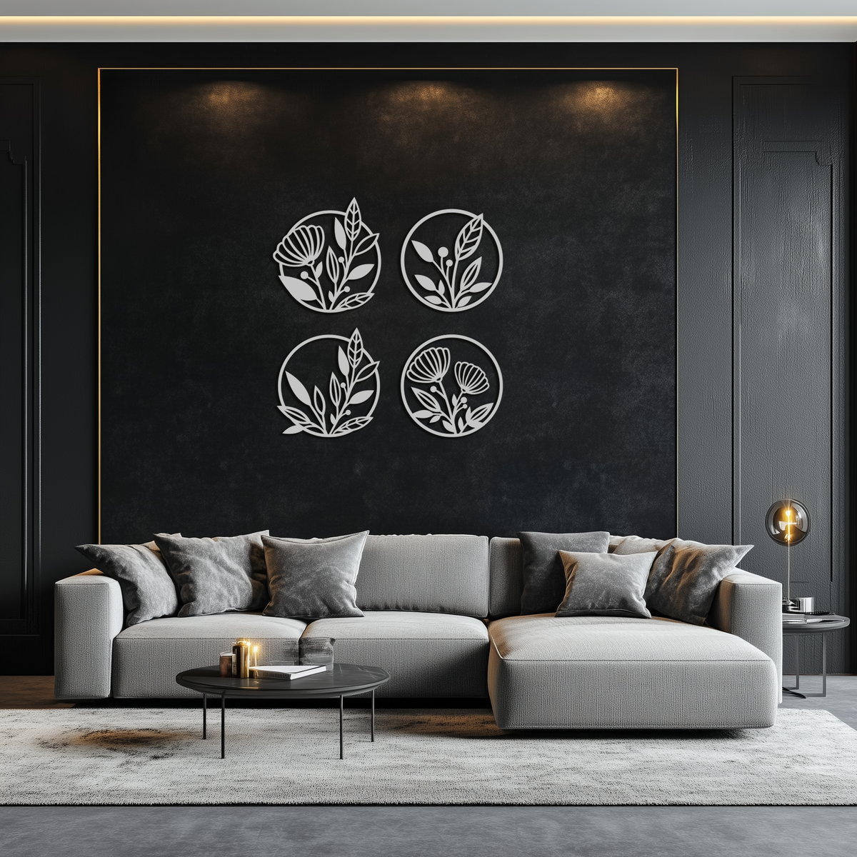 Metal Floral Botanical Wall Art - Laser-Cut Circle Designs Four-Piece Collection