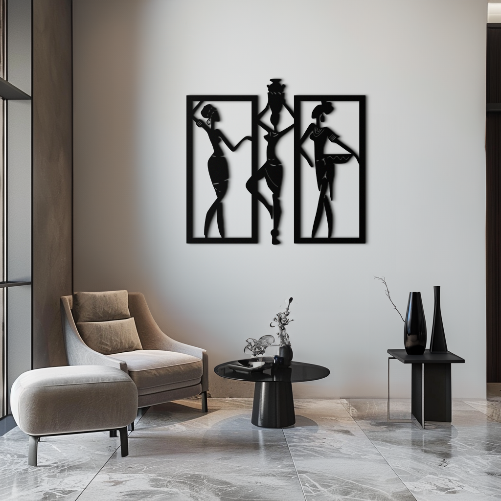 Metal Wall Art Three Piece Set African Women Tribal Silhouettes Elegant Home Decor