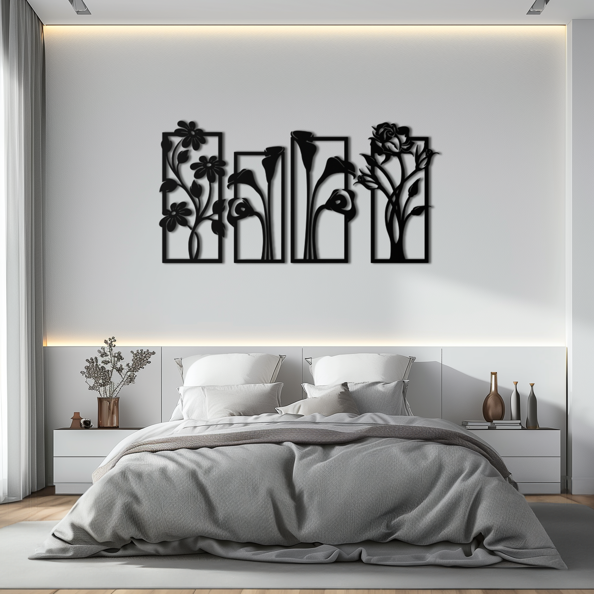 Metal Wall Art Botanical Floral Panel Set - Elegant Contemporary