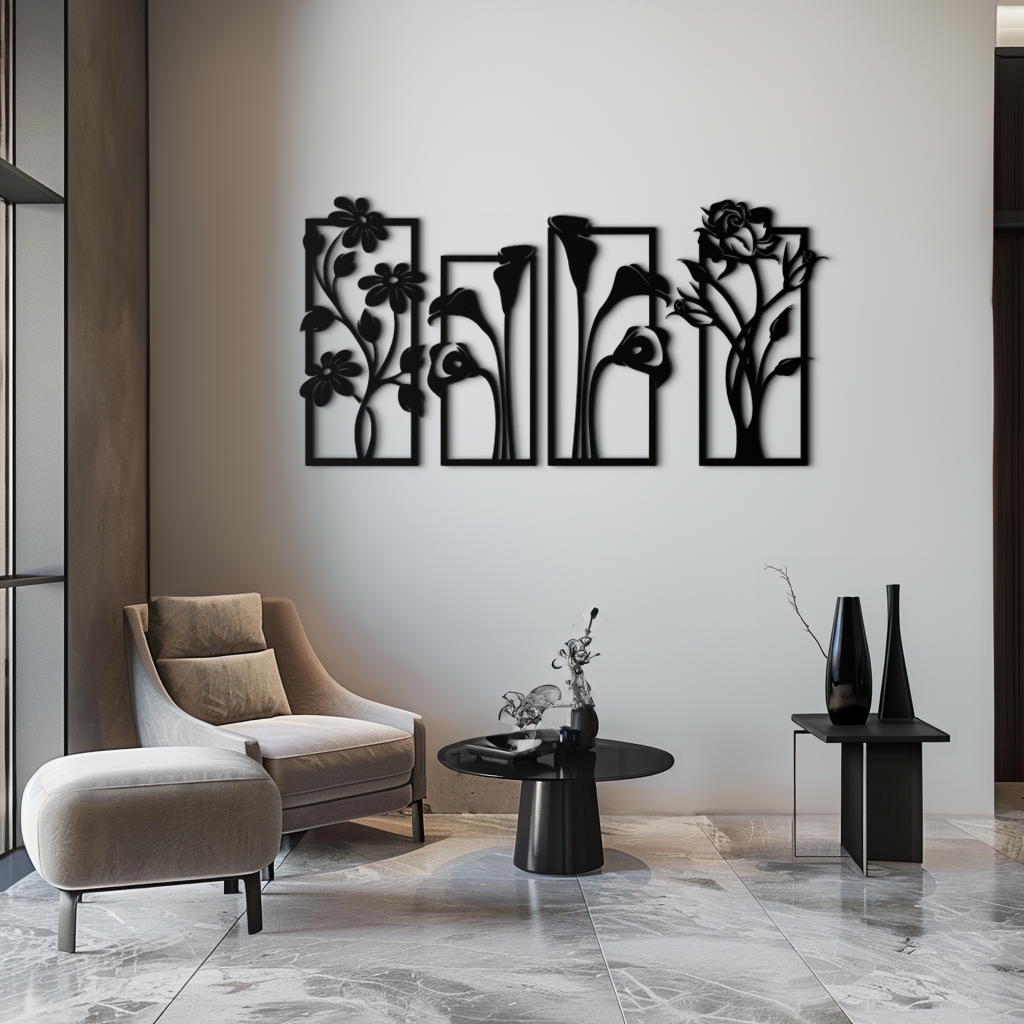 Metal Wall Art Botanical Floral Panel Set - Elegant Contemporary
