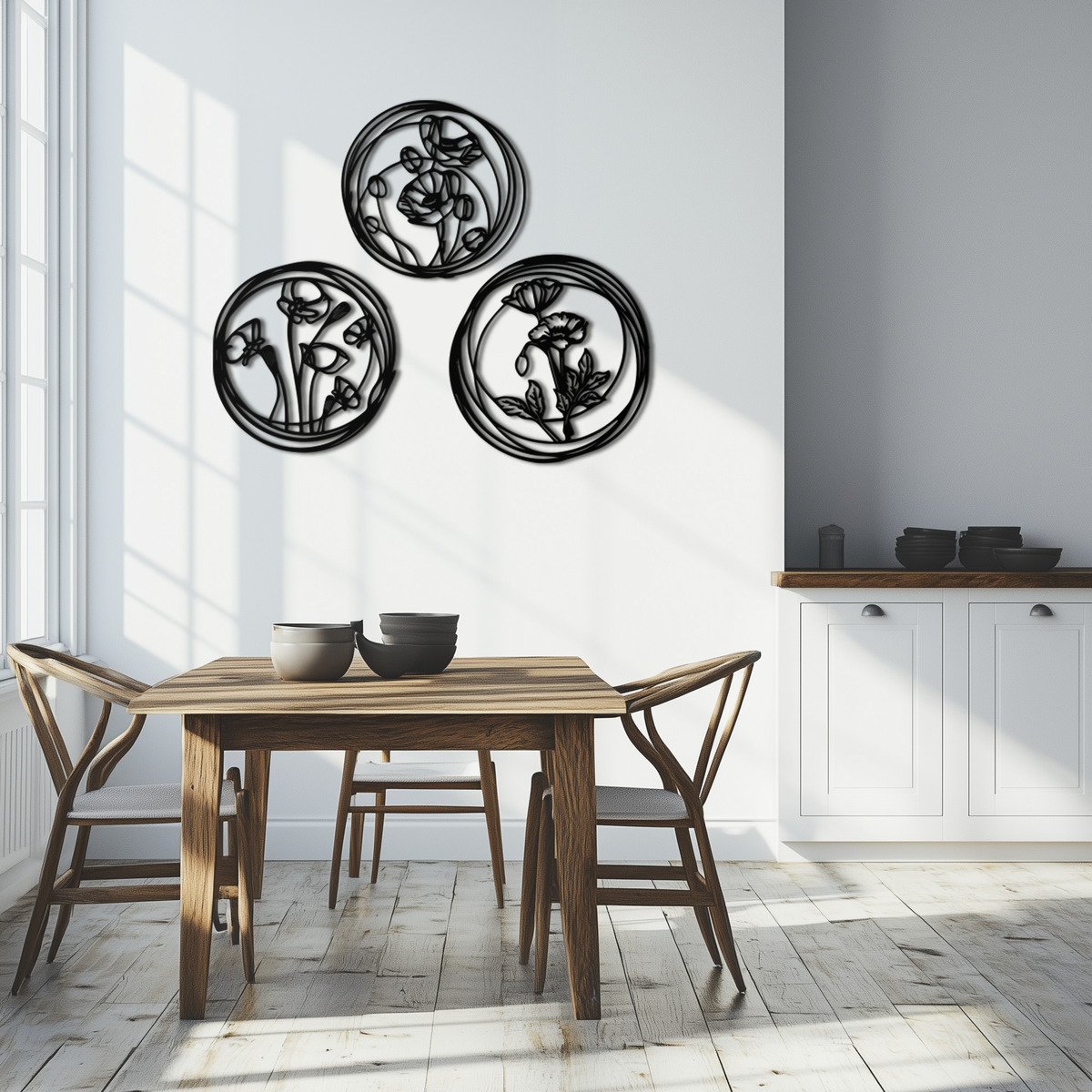 Metal Floral Wall Art Trio - Modern Botanical Circle Cutout Design