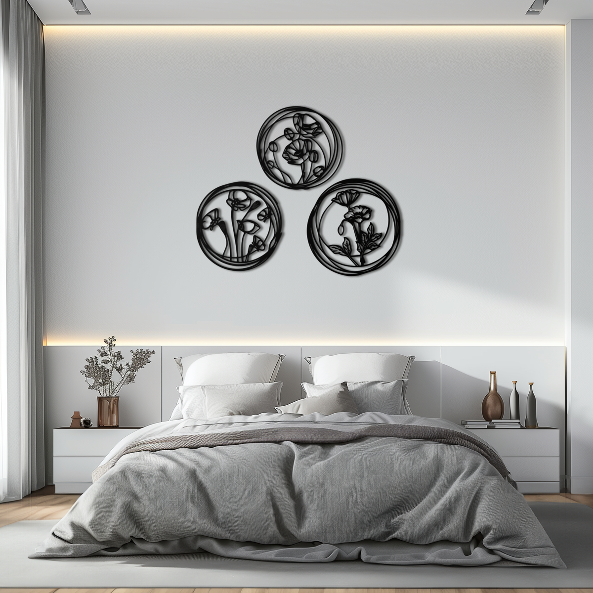 Metal Floral Wall Art Trio - Modern Botanical Circle Cutout Design