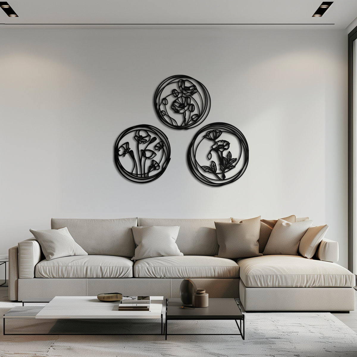 Metal Floral Wall Art Trio - Modern Botanical Circle Cutout Design