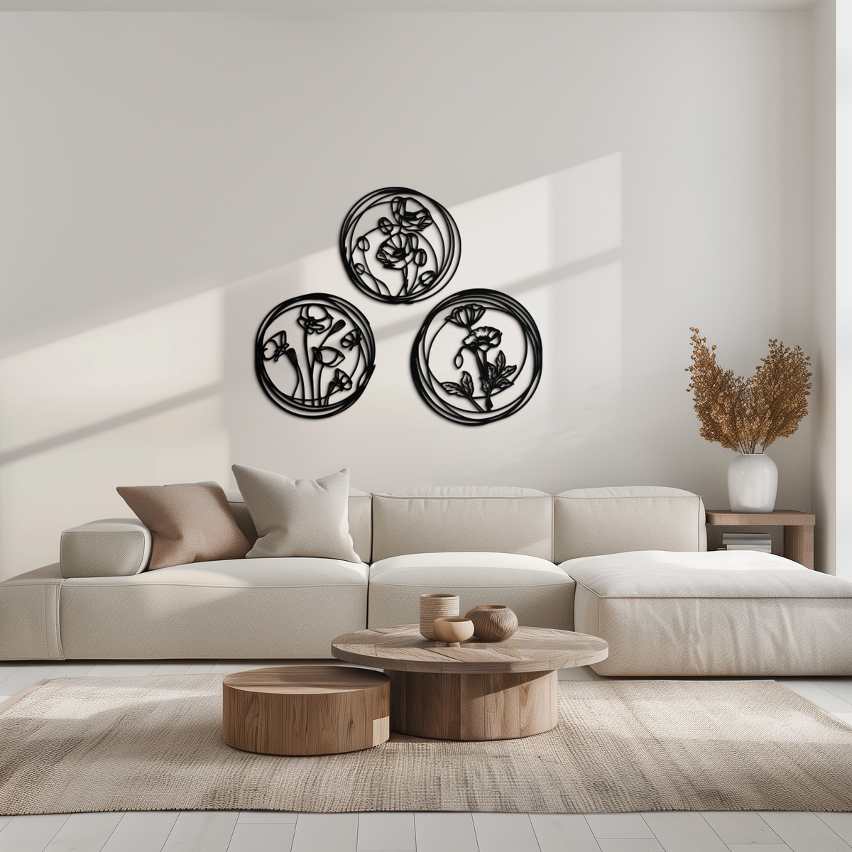 Metal Floral Wall Art Trio - Modern Botanical Circle Cutout Design