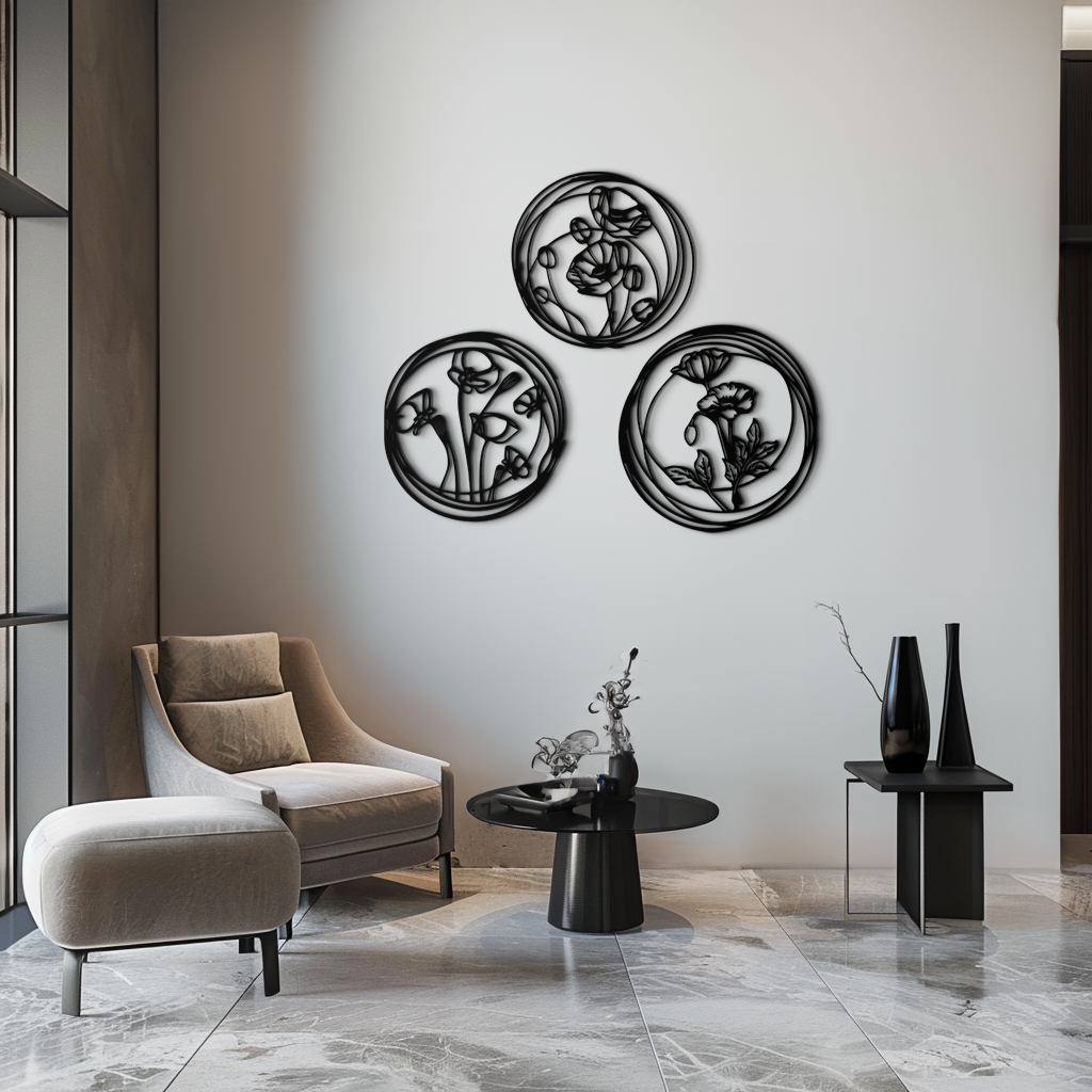 Metal Floral Wall Art Trio - Modern Botanical Circle Cutout Design