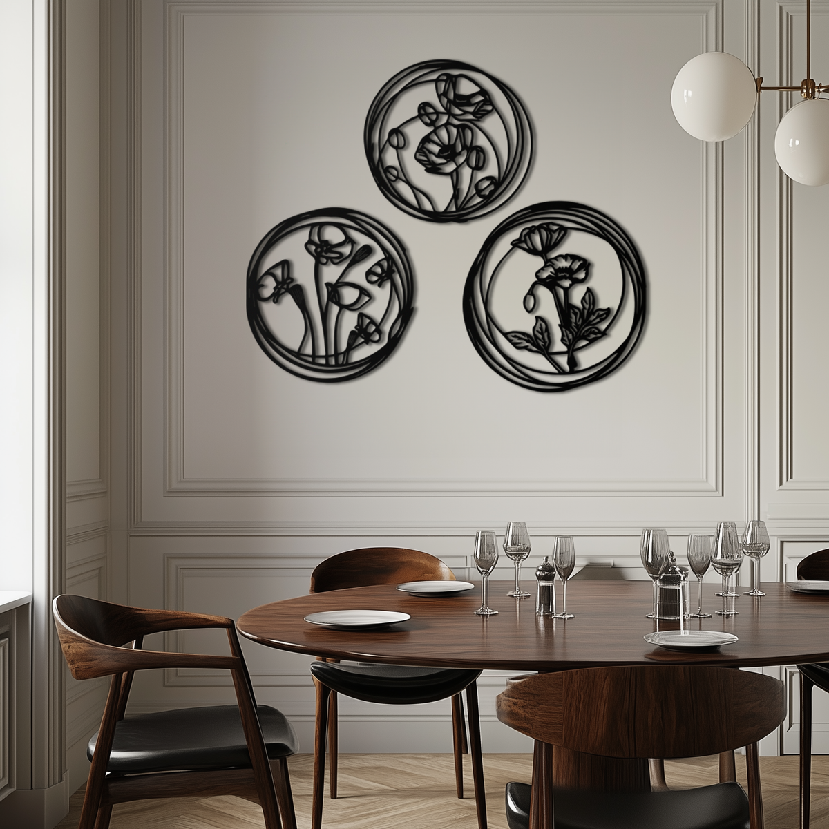 Metal Floral Wall Art Trio - Modern Botanical Circle Cutout Design