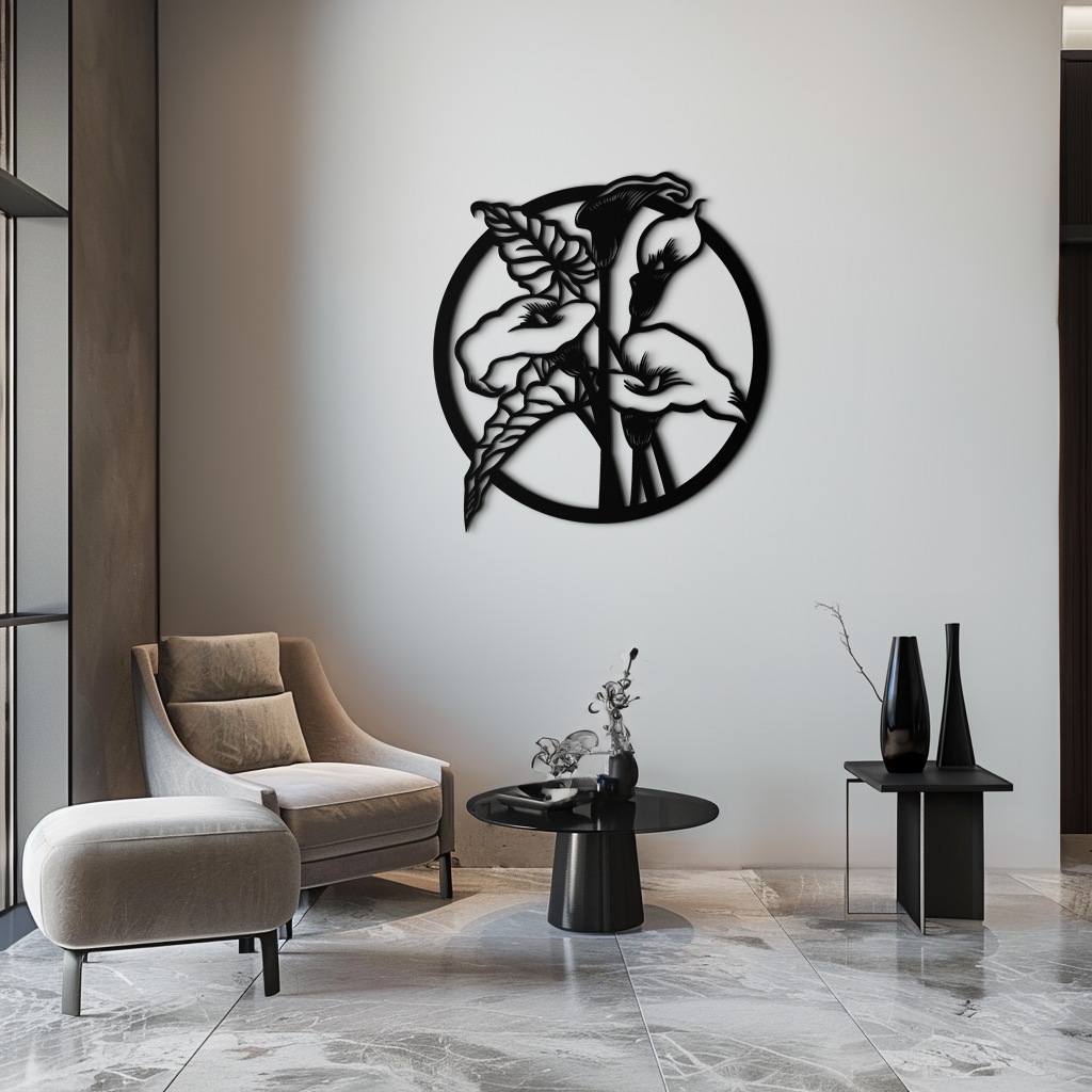 Metal Wall Art Circular Calla Lily Modern Botanical Minimalist Floral Statement Piece